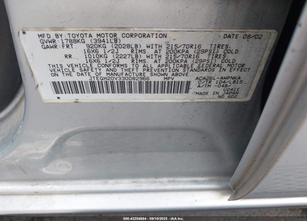 2003 TOYOTA RAV4 VIN: JTEGH20V330082966