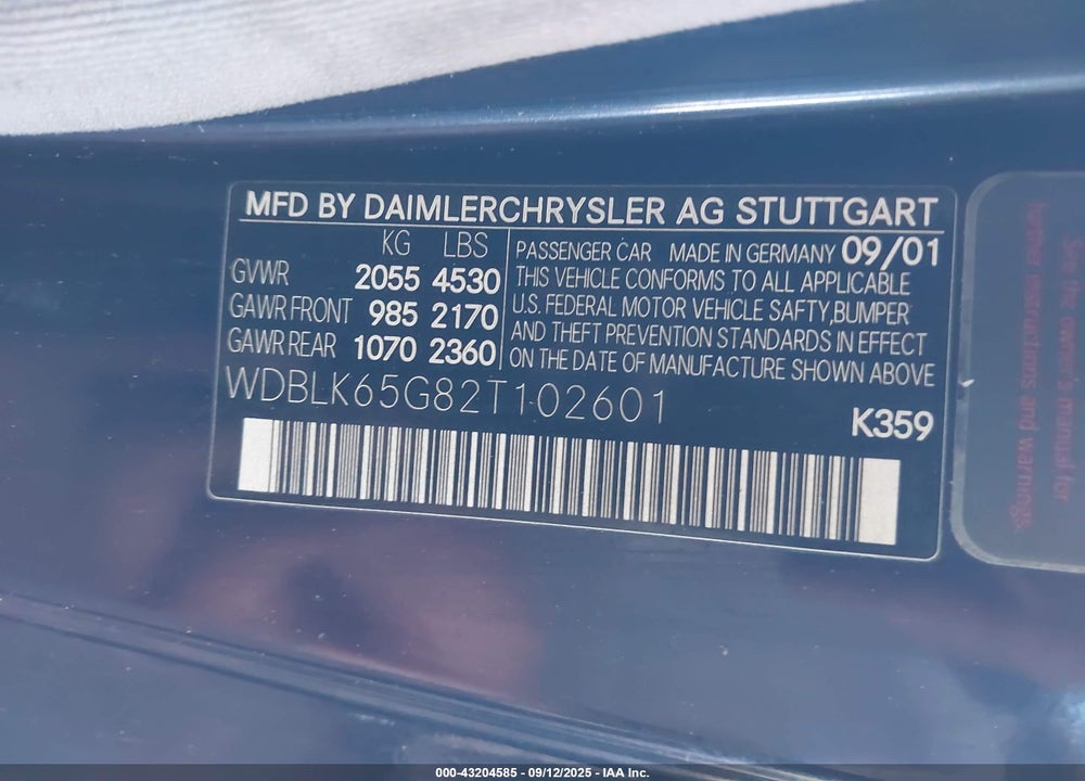2002 MERCEDES-BENZ CLK 320 VIN: WDBLK65G82T102601