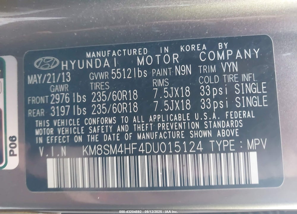 2013 HYUNDAI SANTA FE GLS VIN: KM8SM4HF4DU015124