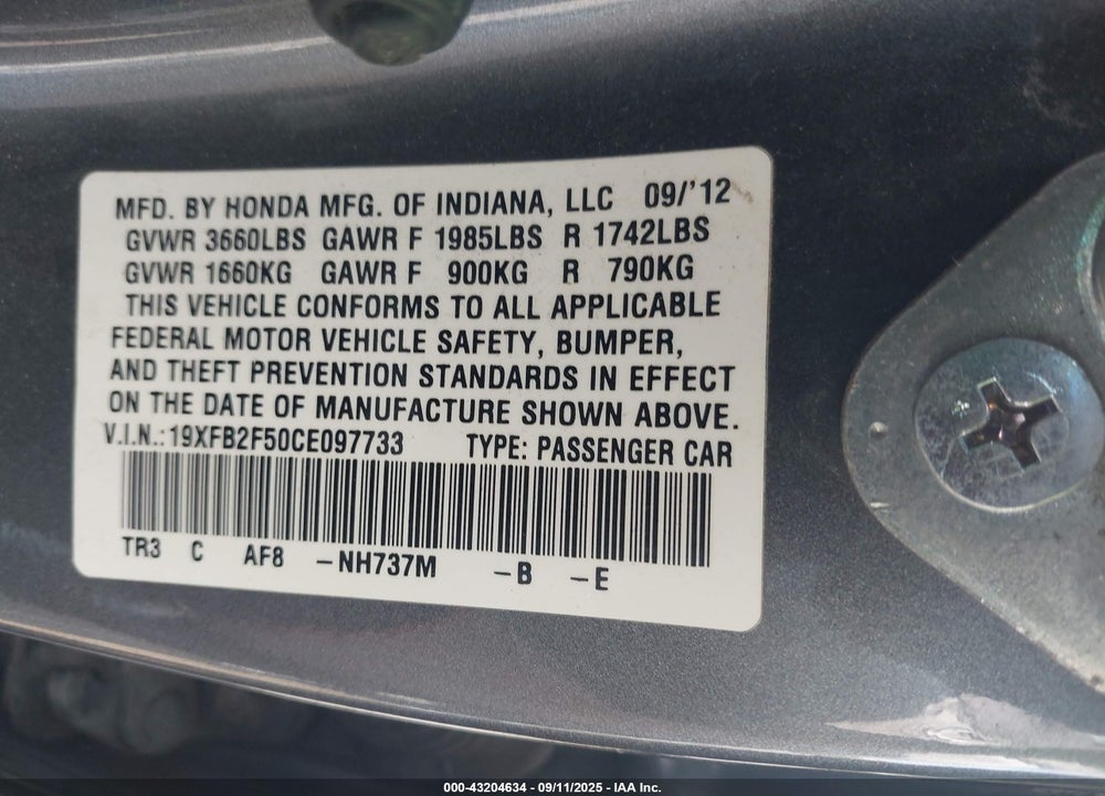 2012 HONDA CIVIC VIN: 19XFB2F50CE097733