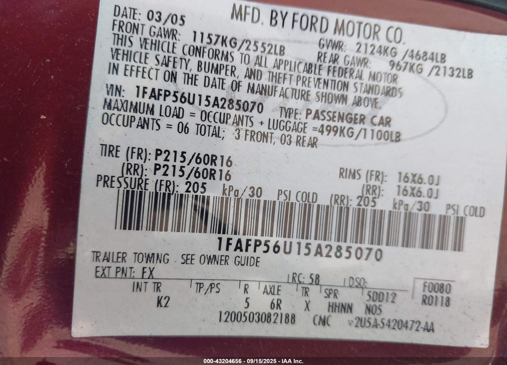 2005 FORD TAURUS SEL VIN: 1FAFP56U15A285070