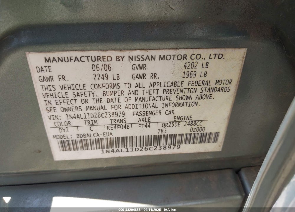 2006 NISSAN ALTIMA 2.5 S VIN: 1N4AL11D26C238979