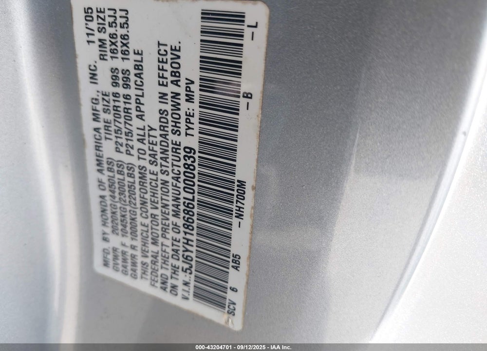 2006 HONDA ELEMENT EX VIN: 5J6YH18686L000839