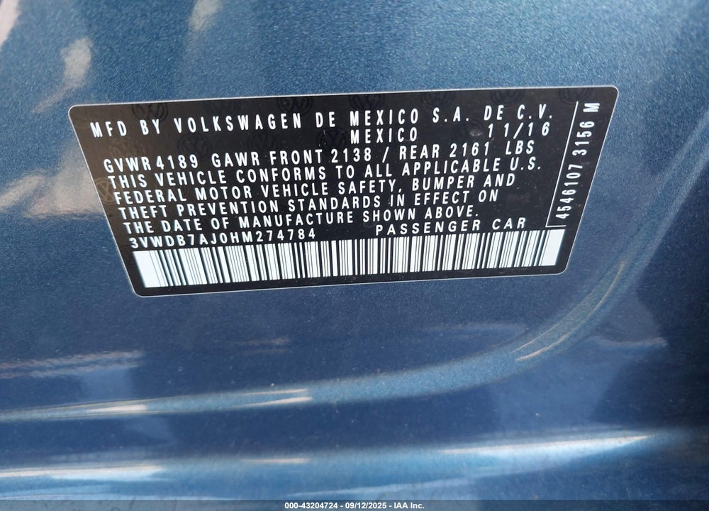 2017 VOLKSWAGEN JETTA 1.4T SE VIN: 3VWDB7AJ0HM274784