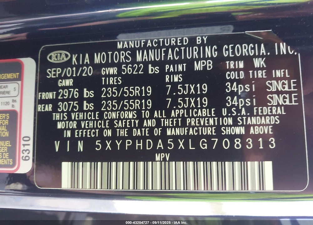 2020 KIA SORENTO VIN: 5XYPHDA5XLG708313