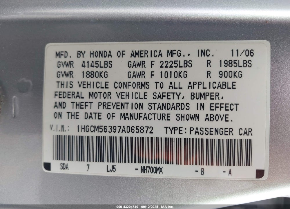 2007 HONDA ACCORD 2.4 SE VIN: 1HGCM56397A065872