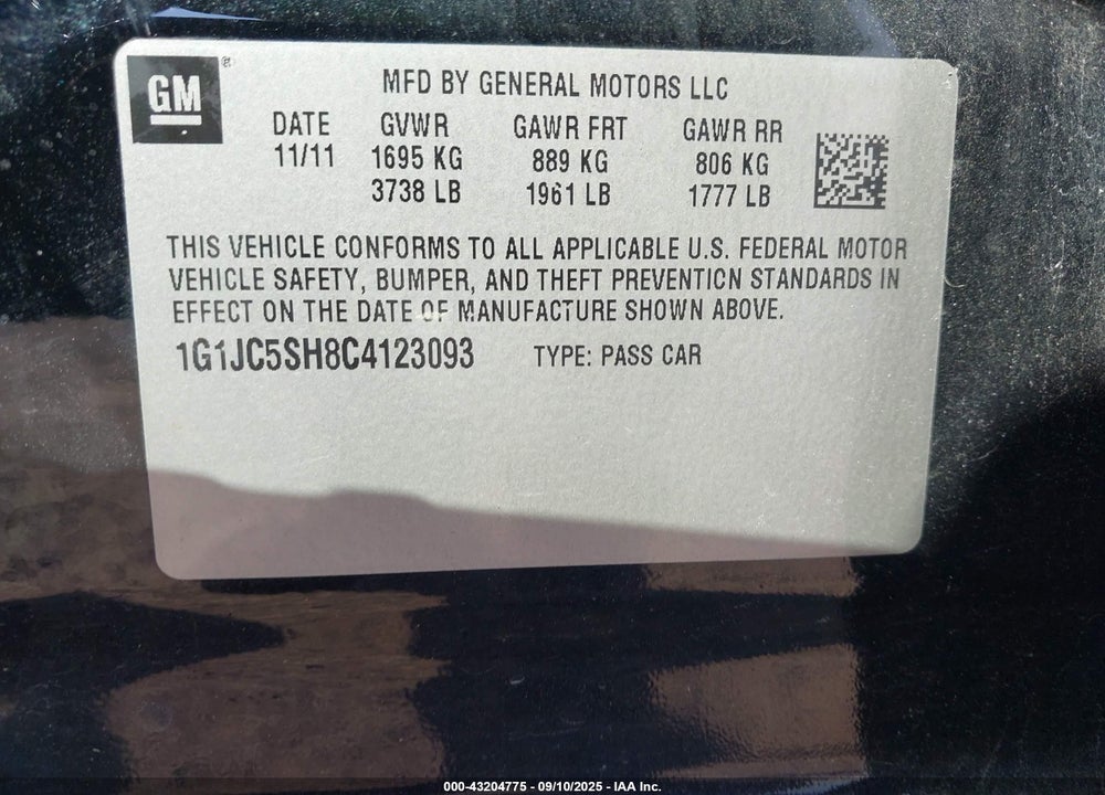 2012 CHEVROLET SONIC VIN: 1G1JC5SH8C4123093