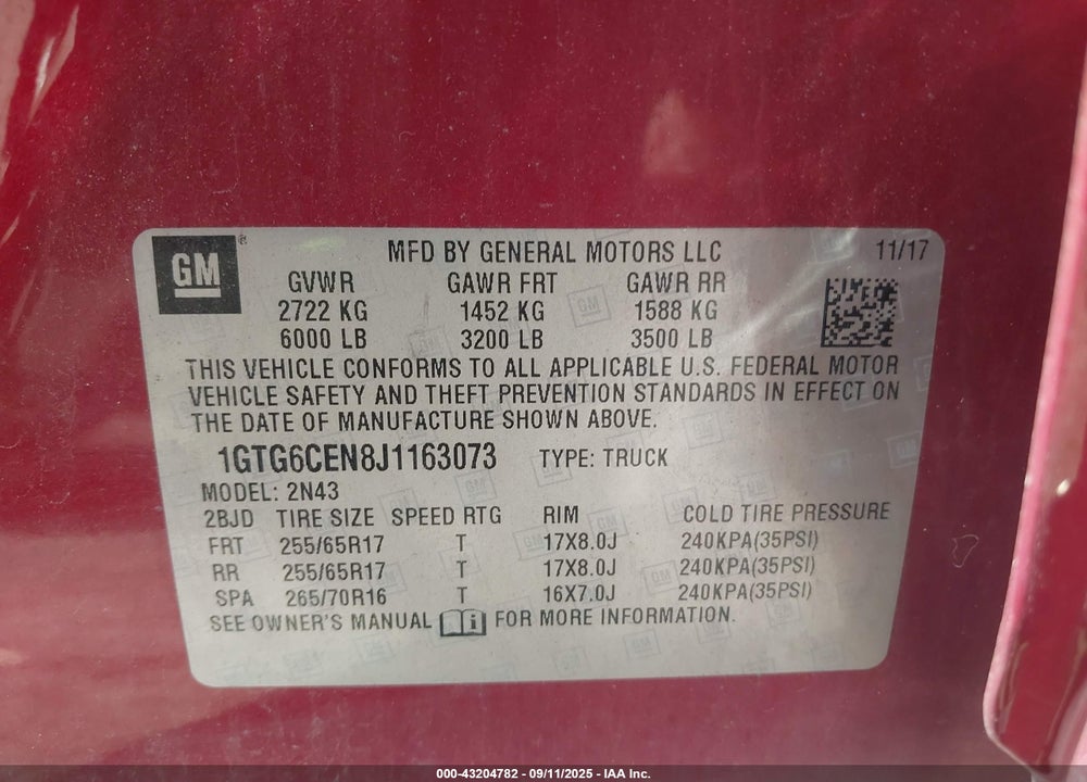 2018 GMC CANYON VIN: 1GTG6CEN8J1163073
