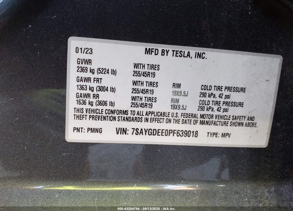 2023 TESLA MODEL Y VIN: 7SAYGDEE0PF639018
