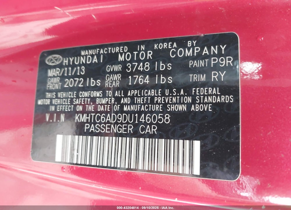 2013 HYUNDAI VELOSTER VIN: KMHTC6AD9DU146058