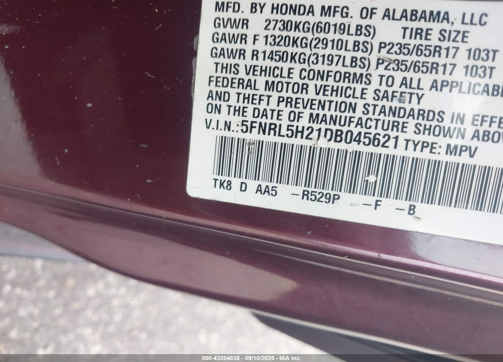 2013 HONDA ODYSSEY LX VIN: 5FNRL5H21DB045621