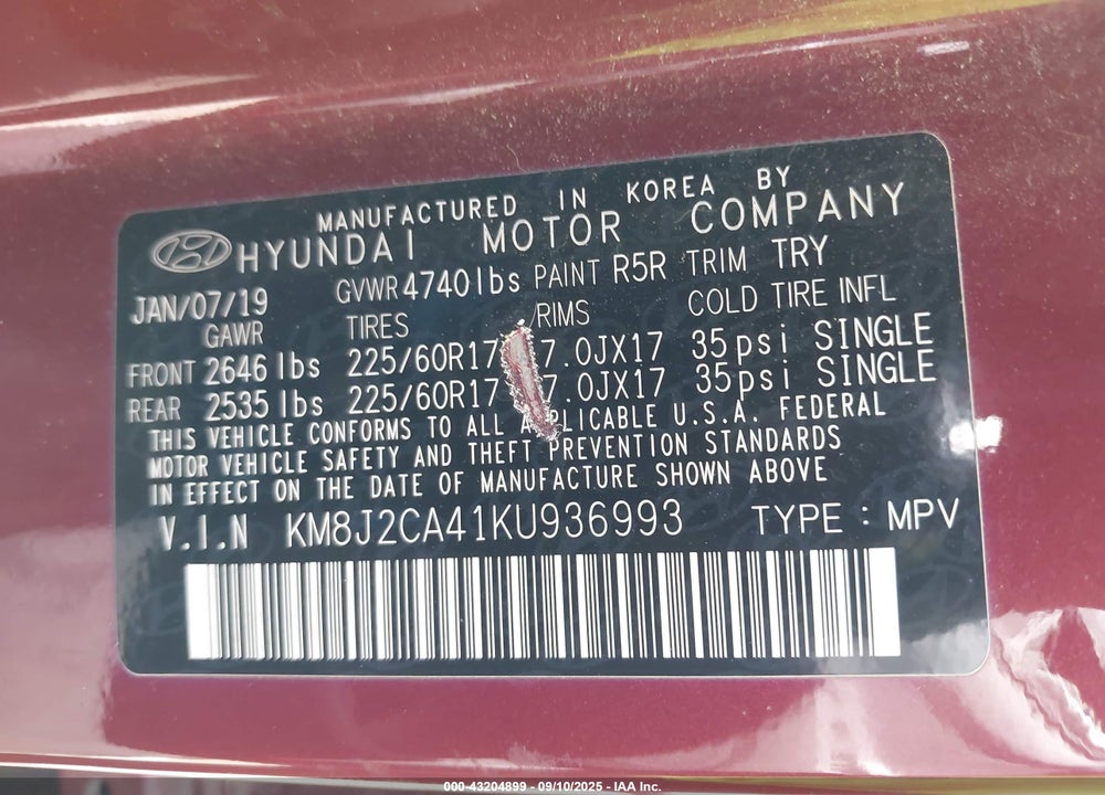 2019 HYUNDAI TUCSON VIN: KM8J2CA41KU936993