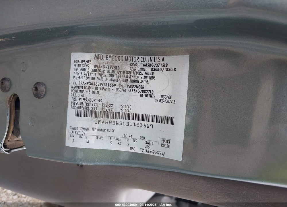 2003 FORD FOCUS SE/ZTW VIN: 1FAHP36363W131569