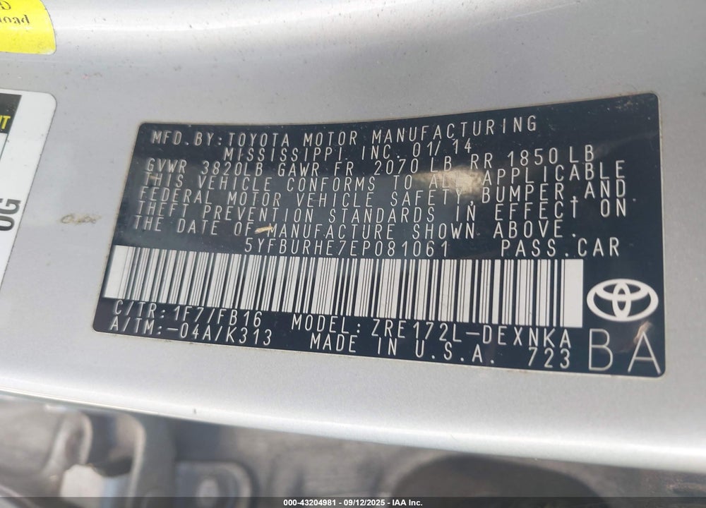 2014 TOYOTA COROLLA VIN: 5YFBURHE7EP081061