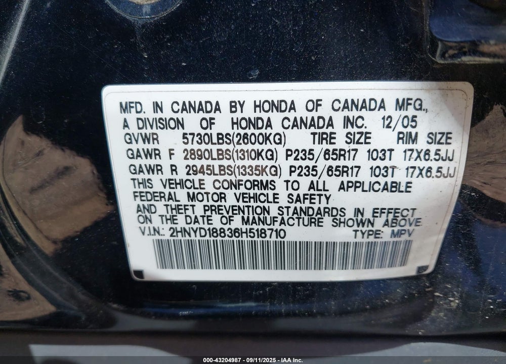 2006 ACURA MDX VIN: 2HNYD18836H518710