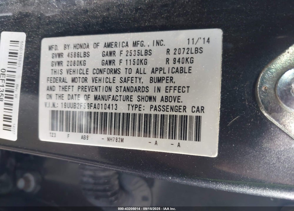 2015 ACURA TLX VIN: 19UUB2F59FA010413