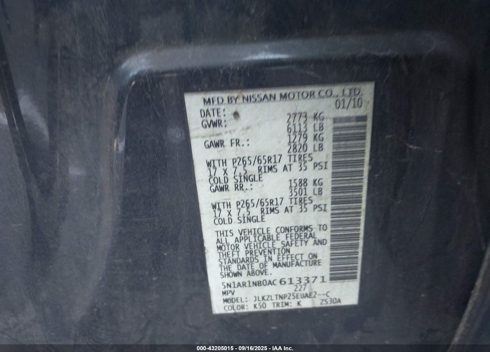 2010 NISSAN PATHFINDER VIN: 5N1AR1NB0AC613371
