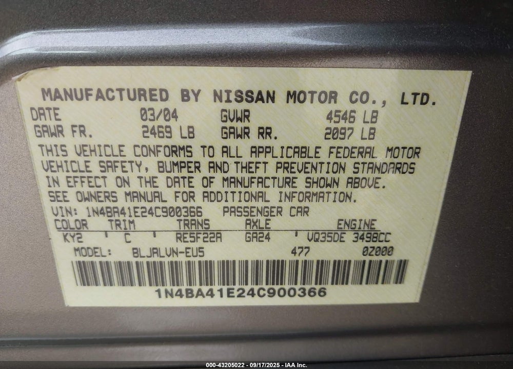 2004 NISSAN MAXIMA 3.5 SL VIN: 1N4BA41E24C900366