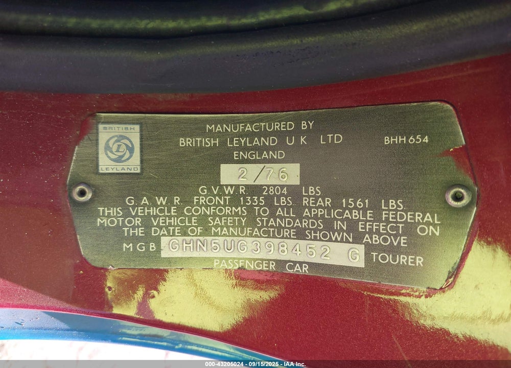1976 MG B VIN: 000GHN5UG0398452G