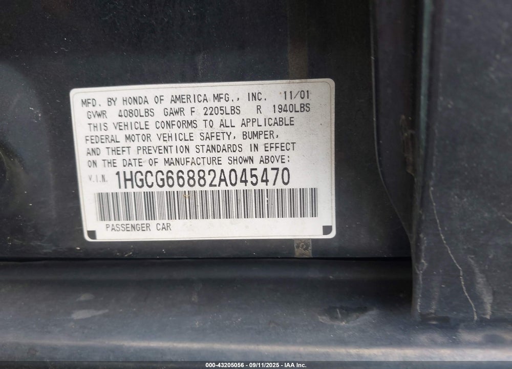 2002 HONDA ACCORD 2.3 EX/2.3 SE VIN: 1HGCG66882A045470