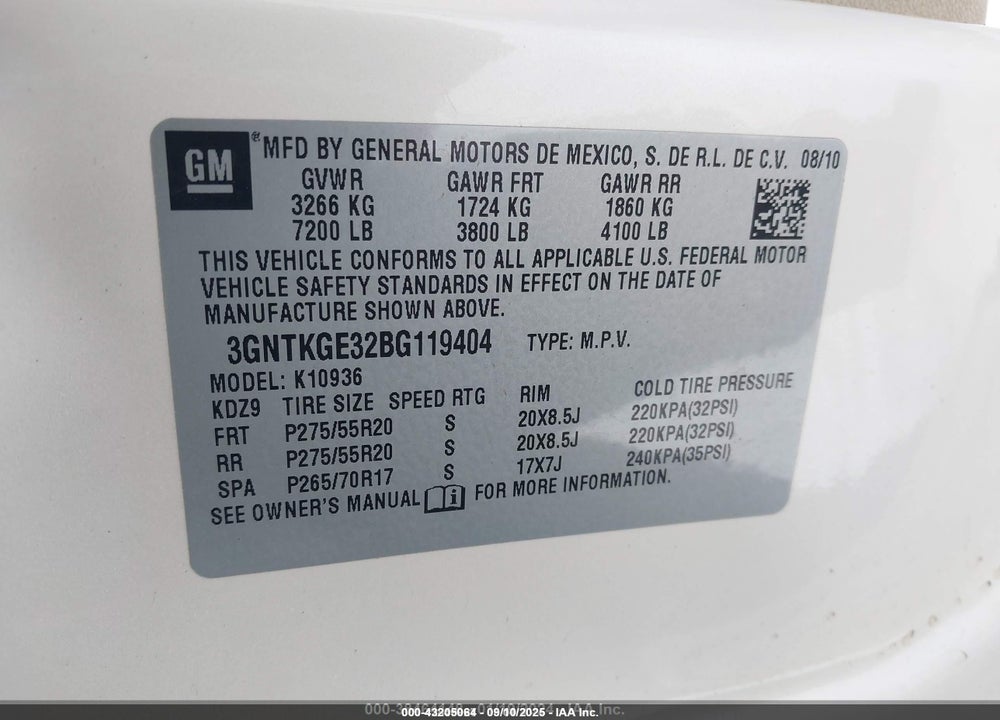 2011 CHEVROLET AVALANCHE VIN: 3GNTKGE32BG119404