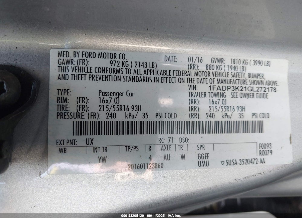 2016 FORD FOCUS VIN: 1FADP3K21GL272178