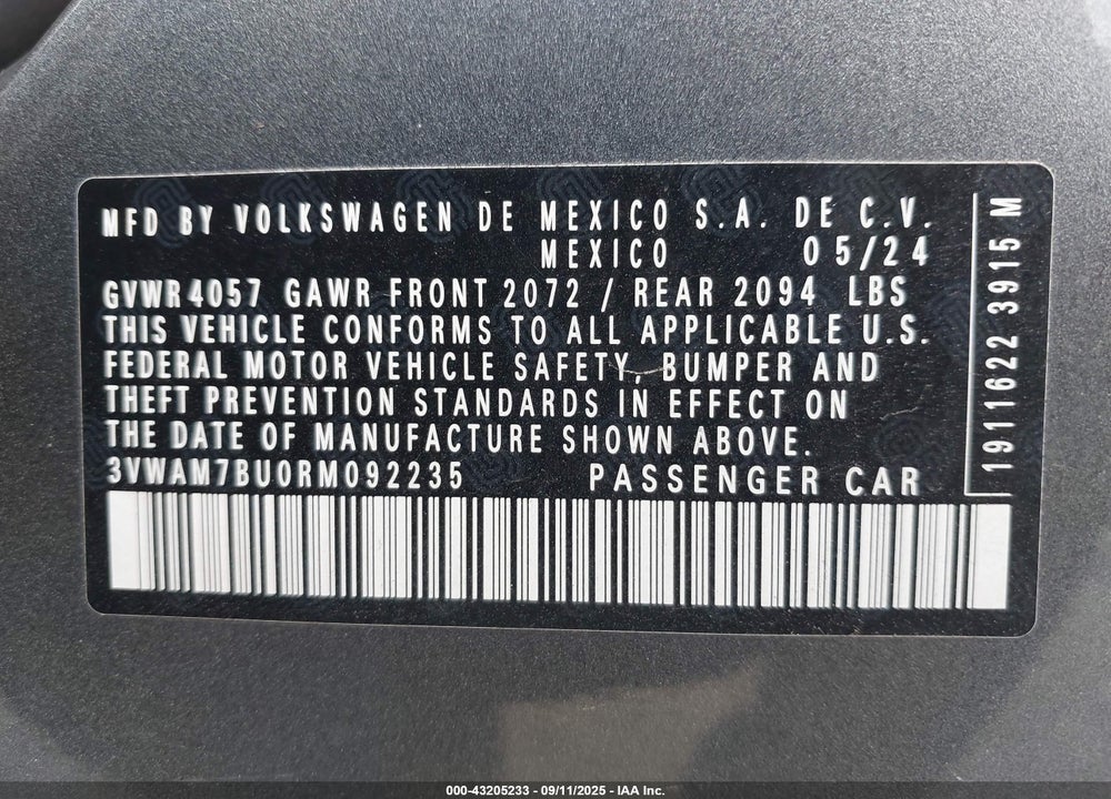 2024 VOLKSWAGEN JETTA VIN: 3VWAM7BU0RM092235