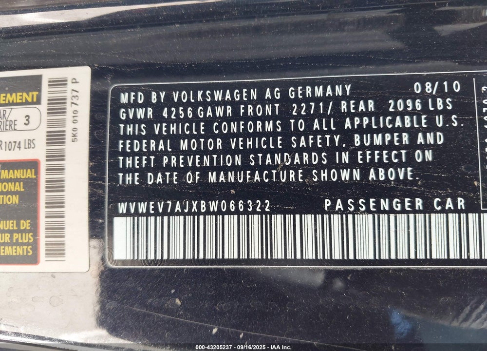 2011 VOLKSWAGEN GTI VIN: WVWEV7AJXBW066322