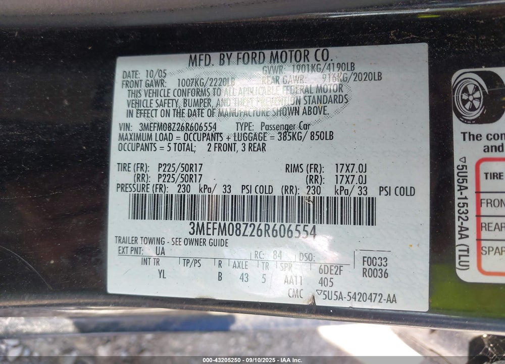 2006 MERCURY MILAN I4 PREMIER VIN: 3MEFM08Z26R606554