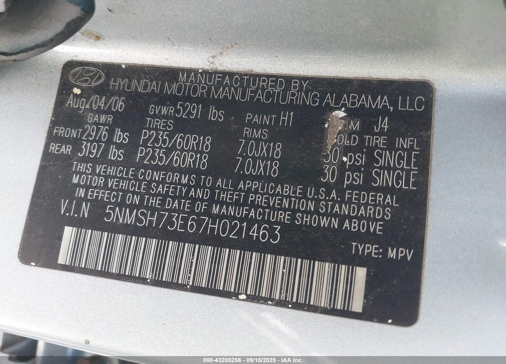 2007 HYUNDAI SANTA FE LIMITED/SE VIN: 5NMSH73E67H021463