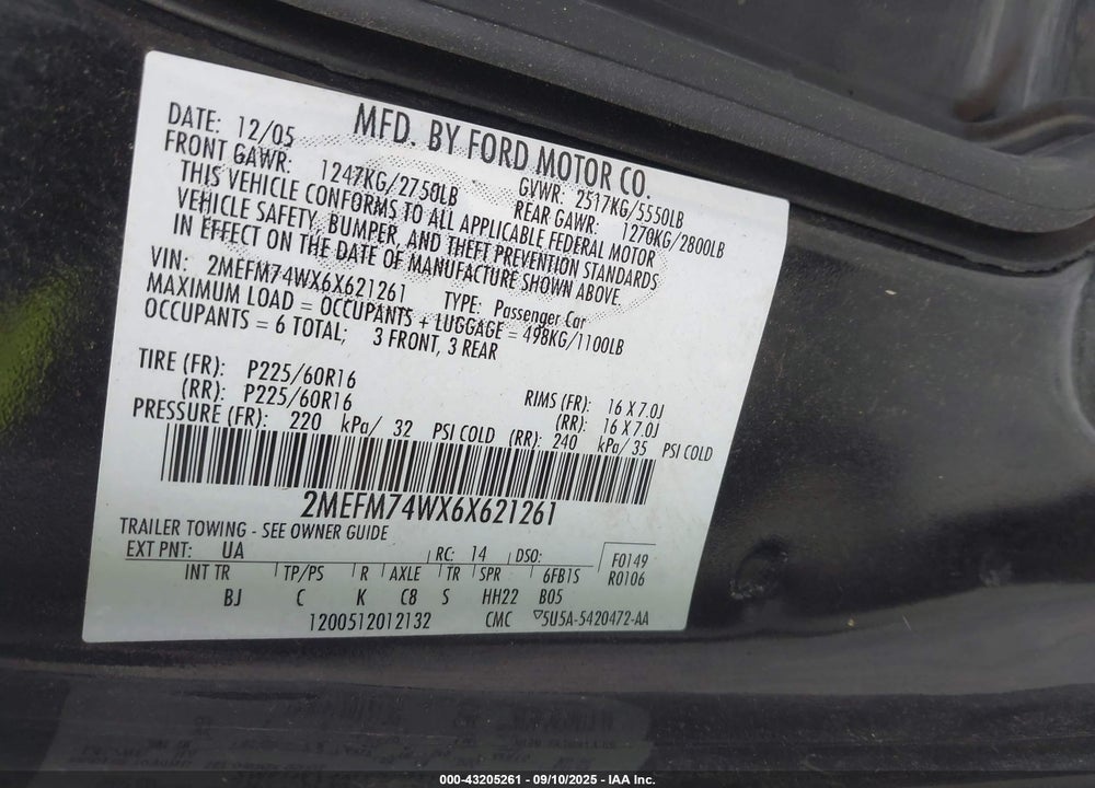 2006 MERCURY GRAND MARQUIS GS VIN: 2MEFM74WX6X621261