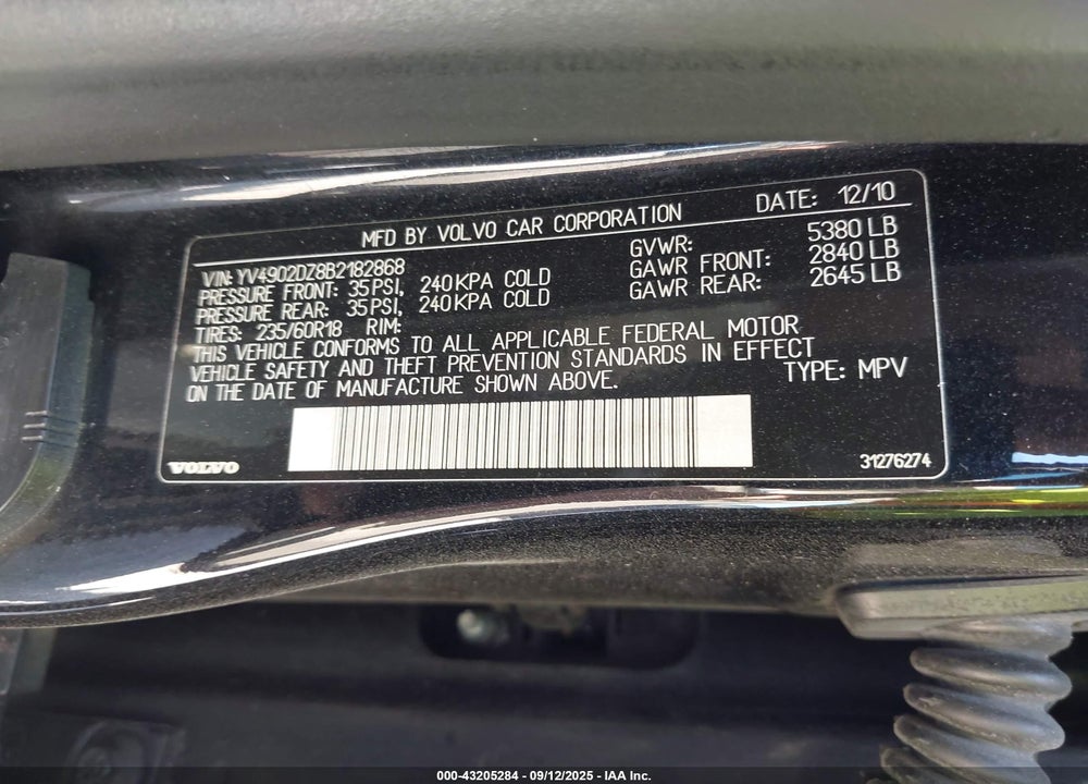 2011 VOLVO XC60 VIN: YV4902DZ8B2182868