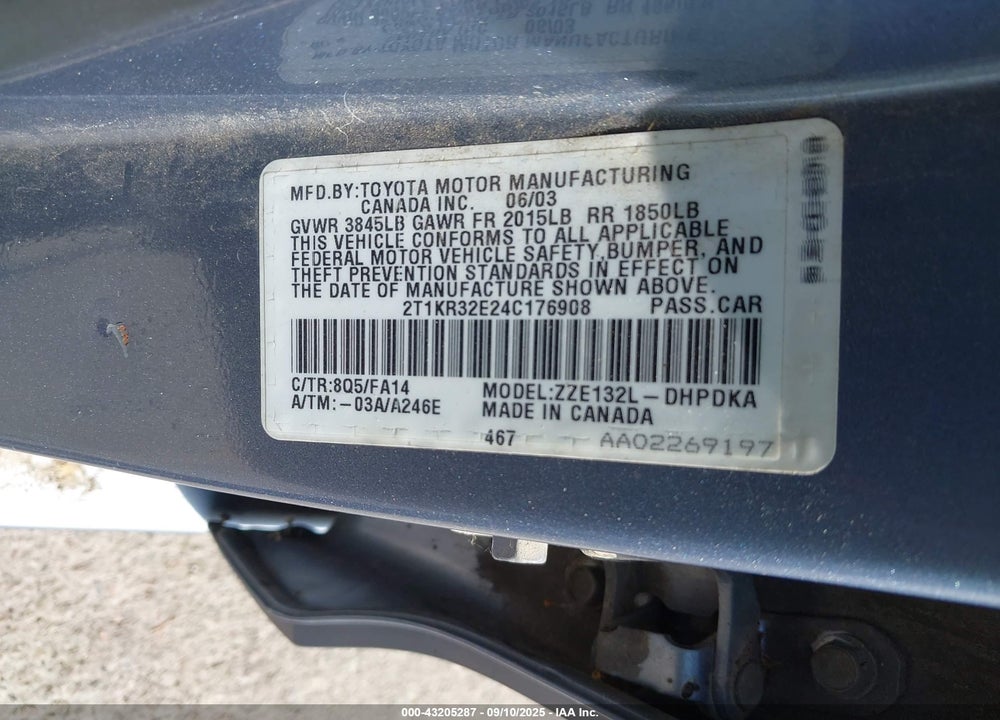 2004 TOYOTA MATRIX STANDARD VIN: 2T1KR32E24C176908