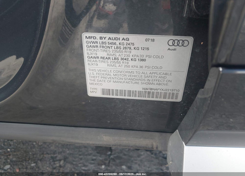 2018 AUDI Q5 2.0T PREMIUM/2.0T TECH PREMIUM VIN: WA1BNAFYXJ2219710
