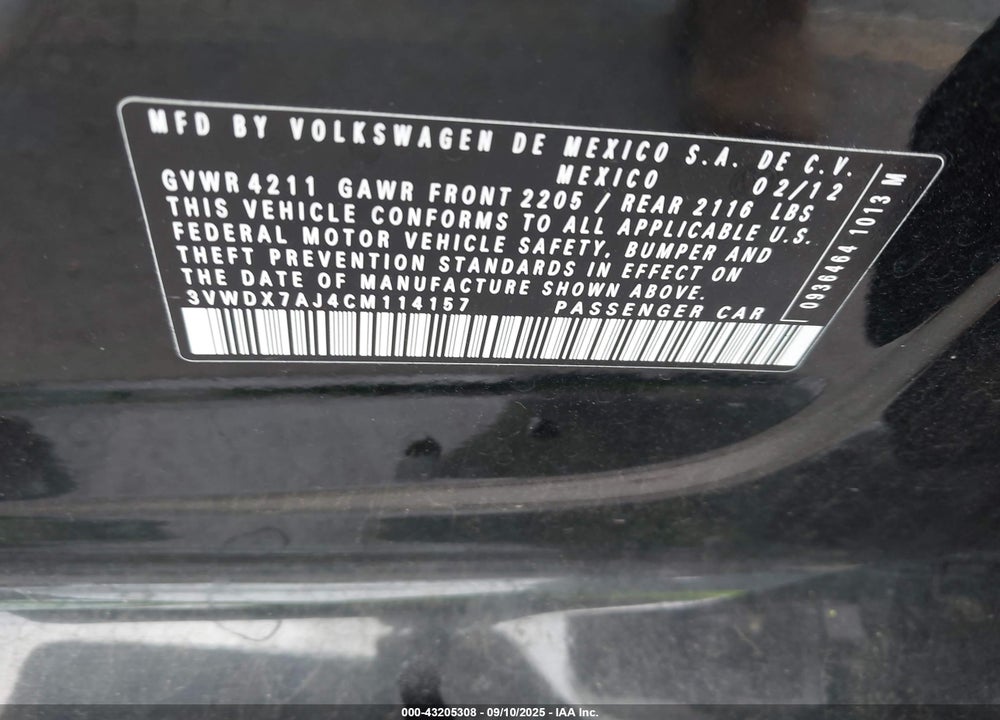 2012 VOLKSWAGEN JETTA 2.5L SE VIN: 3VWDX7AJ4CM114157