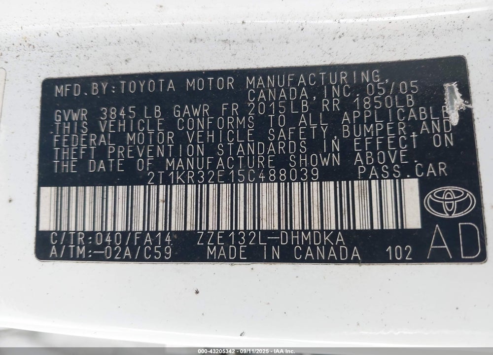 2005 TOYOTA MATRIX VIN: 2T1KR32E15C488039