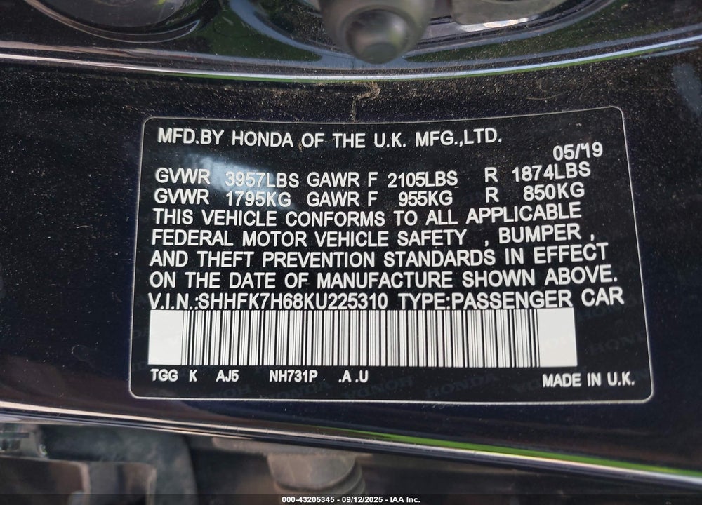 2019 HONDA CIVIC EX VIN: SHHFK7H68KU225310