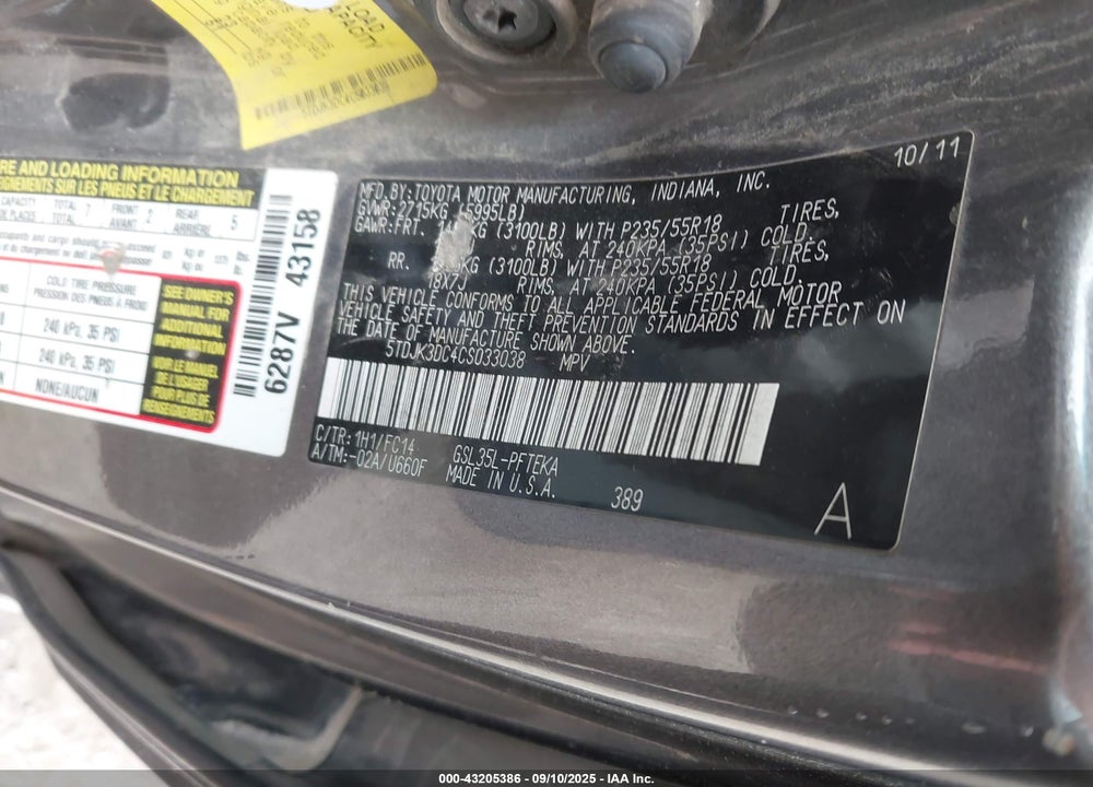 2012 TOYOTA SIENNA LE 7 PASSENGER VIN: 5TDJK3DC4CS033038