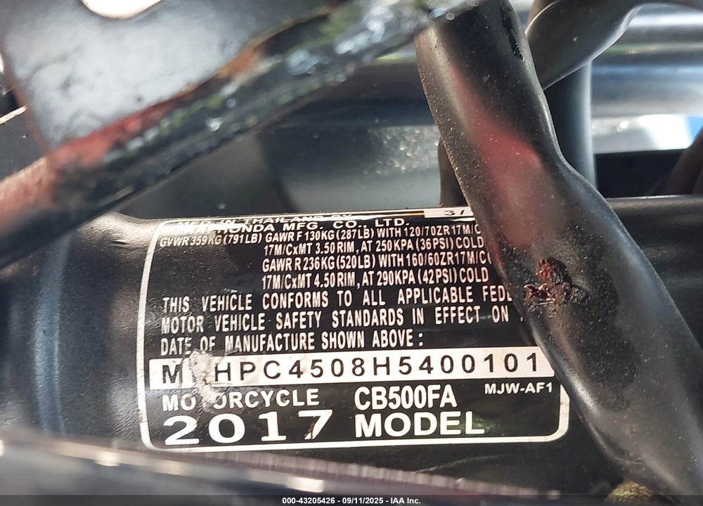2017 HONDA CB500 FA - ABS VIN: MLHPC4508H5400101