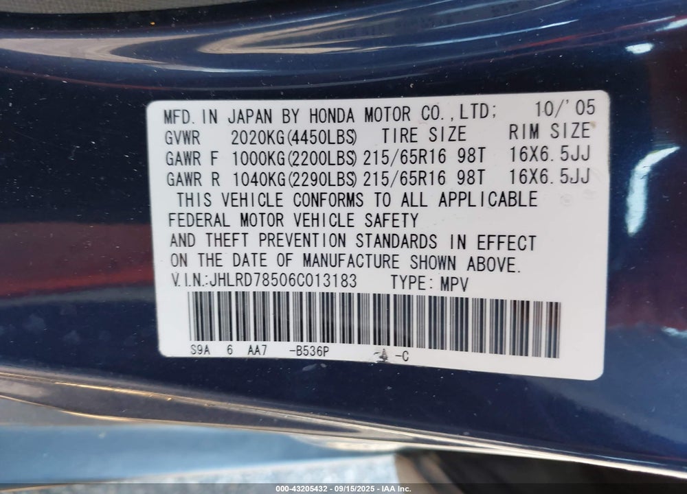 2006 HONDA CR-V VIN: JHLRD78506C013183