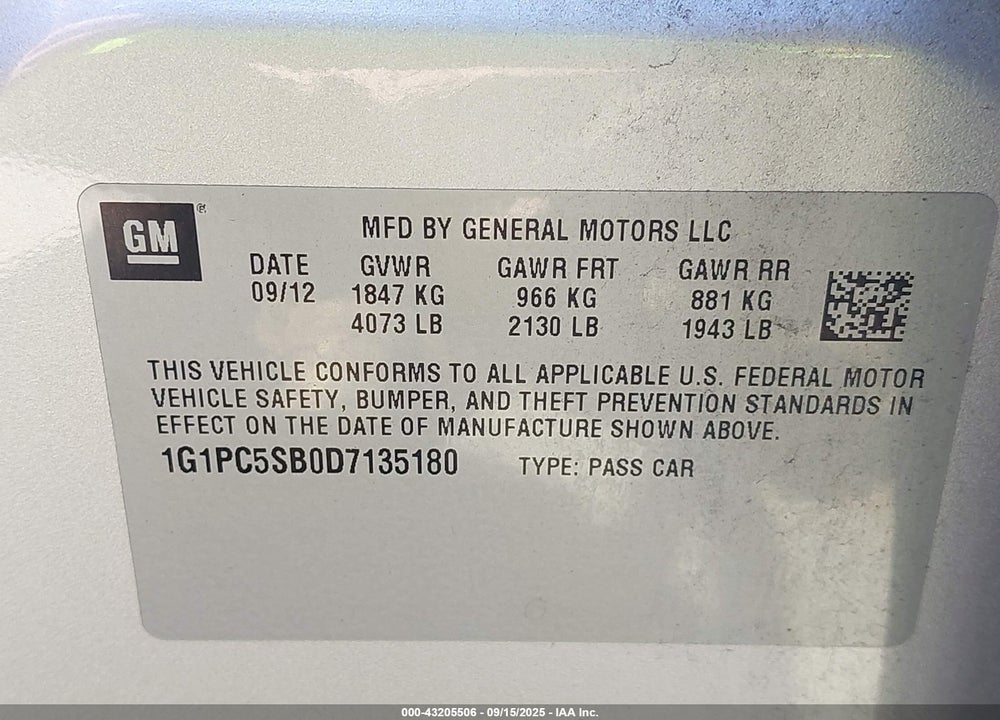 2013 CHEVROLET CRUZE VIN: 1G1PC5SB0D7135180