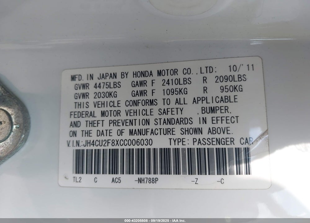 2012 ACURA TSX VIN: JH4CU2F8XCC006030