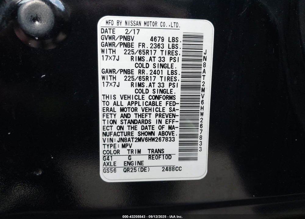 2017 NISSAN ROGUE VIN: JN8AT2MV6HW267833