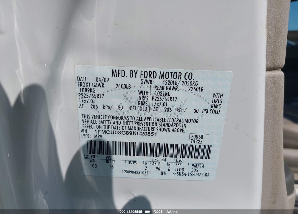 2009 FORD ESCAPE VIN: 1FMCU03G89KC20851