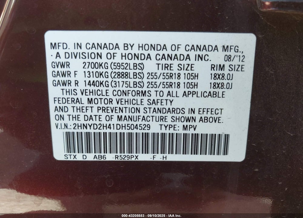 2013 ACURA MDX VIN: 2HNYD2H41DH504529