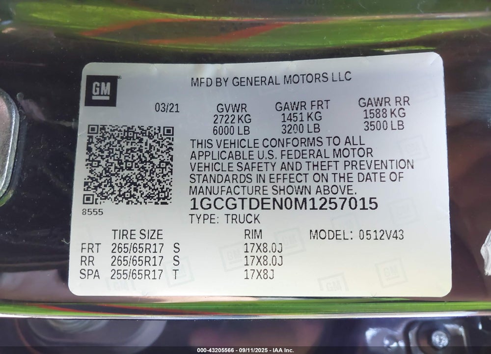 2021 CHEVROLET COLORADO VIN: 1GCGTDEN0M1257015