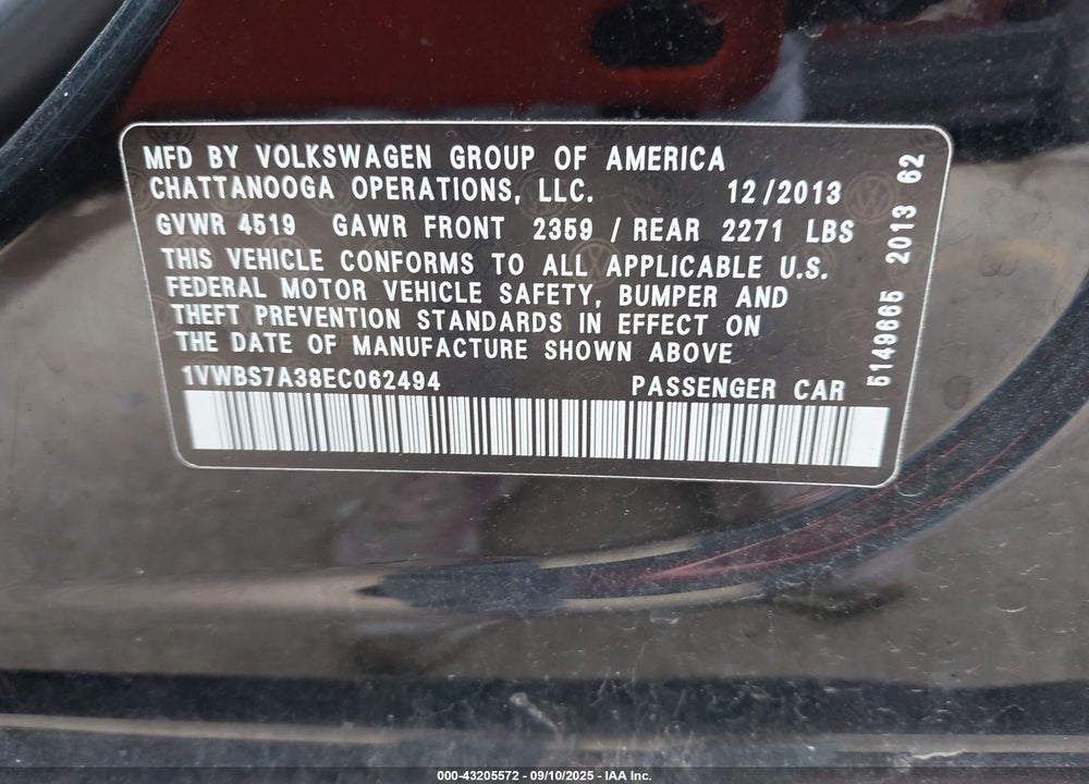 2014 VOLKSWAGEN PASSAT VIN: 1VWBS7A38EC062494