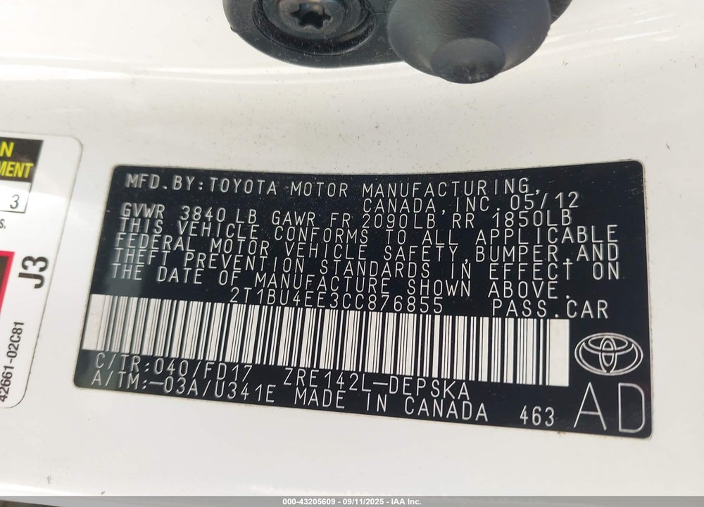 2012 TOYOTA COROLLA S/LE VIN: 2T1BU4EE3CC876855