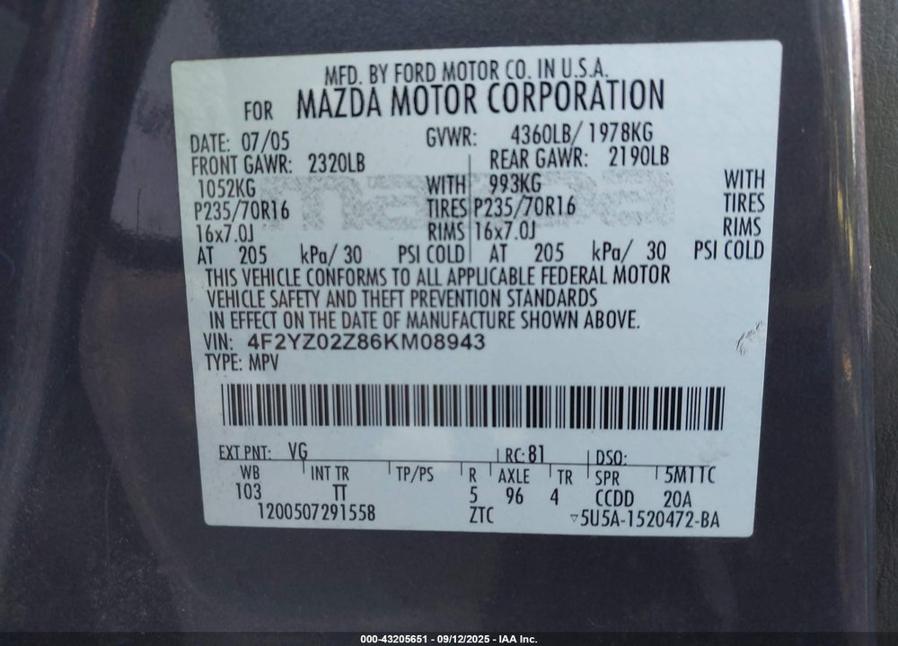 2006 MAZDA TRIBUTE I VIN: 4F2YZ02Z86KM08943
