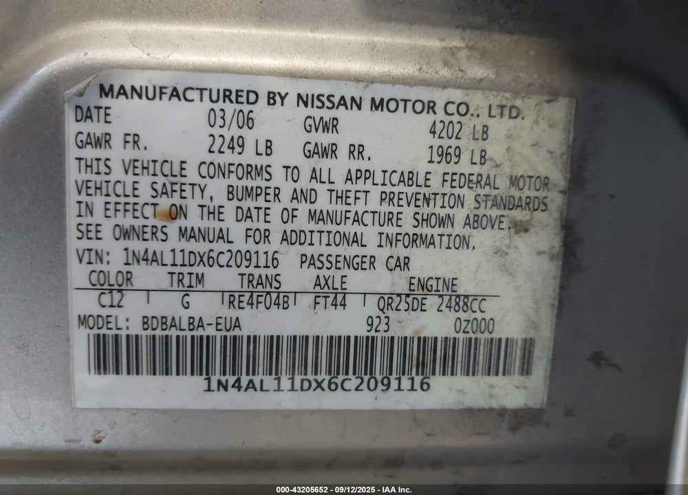 2006 NISSAN ALTIMA 2.5 S VIN: 1N4AL11DX6C209116